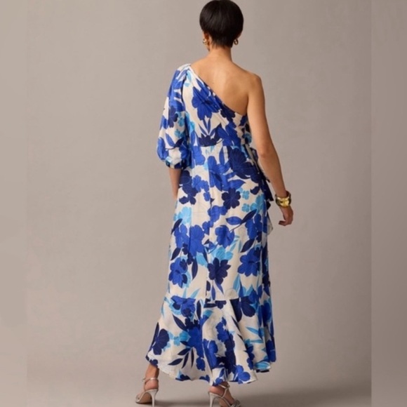 J.Crew Collection one-shoulder ruffle-hem dress blue painted floral print. Sz 00 - Picture 2 of 7